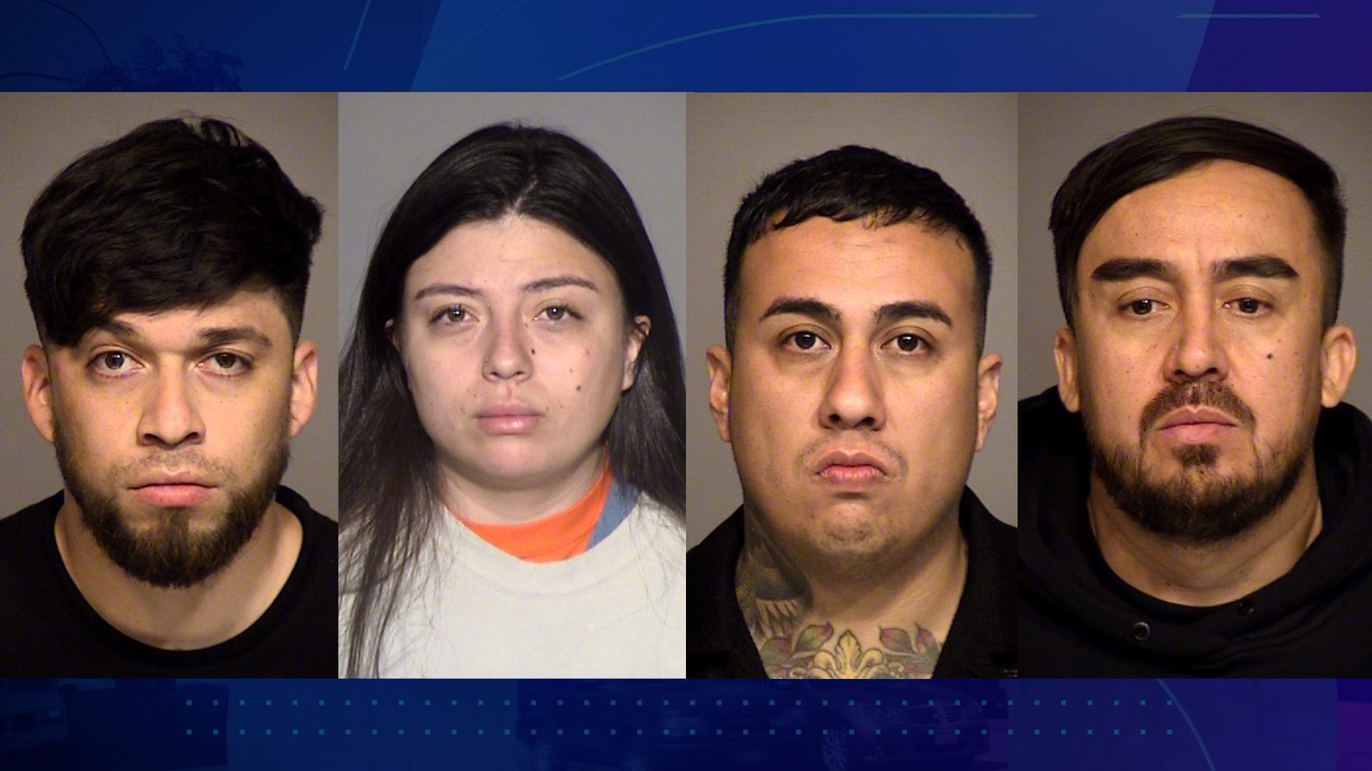 The suspects, from left: Sergio Andres Meji-Machuca, 27; Heidy Nickolt Trujillo, 25; Camilo Antonio Aguliar Lara, 31; and Manuel David Ibarra, 37. (Ventura County District Attorney’s Office)