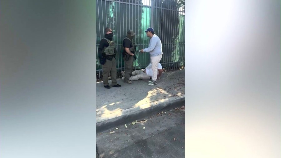 Javier Ramirez was captured on video being handcuffed and arrested by federal agents during a raid in Montebello on June 12, 2025.