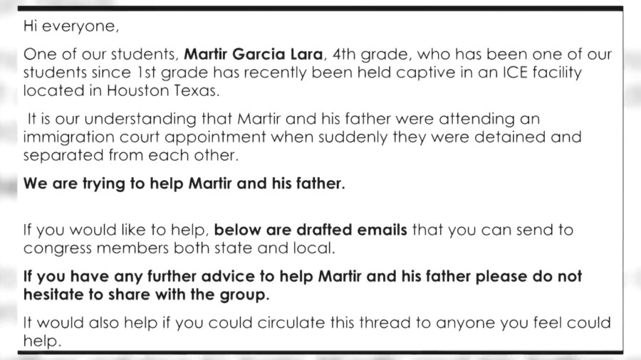 A letter sent by PTA leaders to parents at Torrance Elementary School about the detainment of Martir Lara and his father. (Jasmin King)