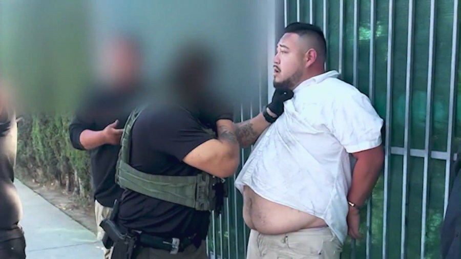 Javier Ramirez was captured on video being handcuffed and arrested by federal agents during a raid in Montebello on June 12, 2025.