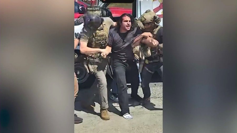 Arturo Hermosillo being forcefully removed from his van for allegedly filming a federal immigration raid at a shopping plaza in Pacoima on June 19, 2025.