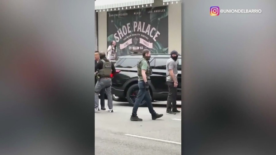 U.S. Immigration and Customs Enforcement (ICE) agents were seen detaining people in a downtown Los Angeles raid on June 24, 2025. (@uniondelbarrio)