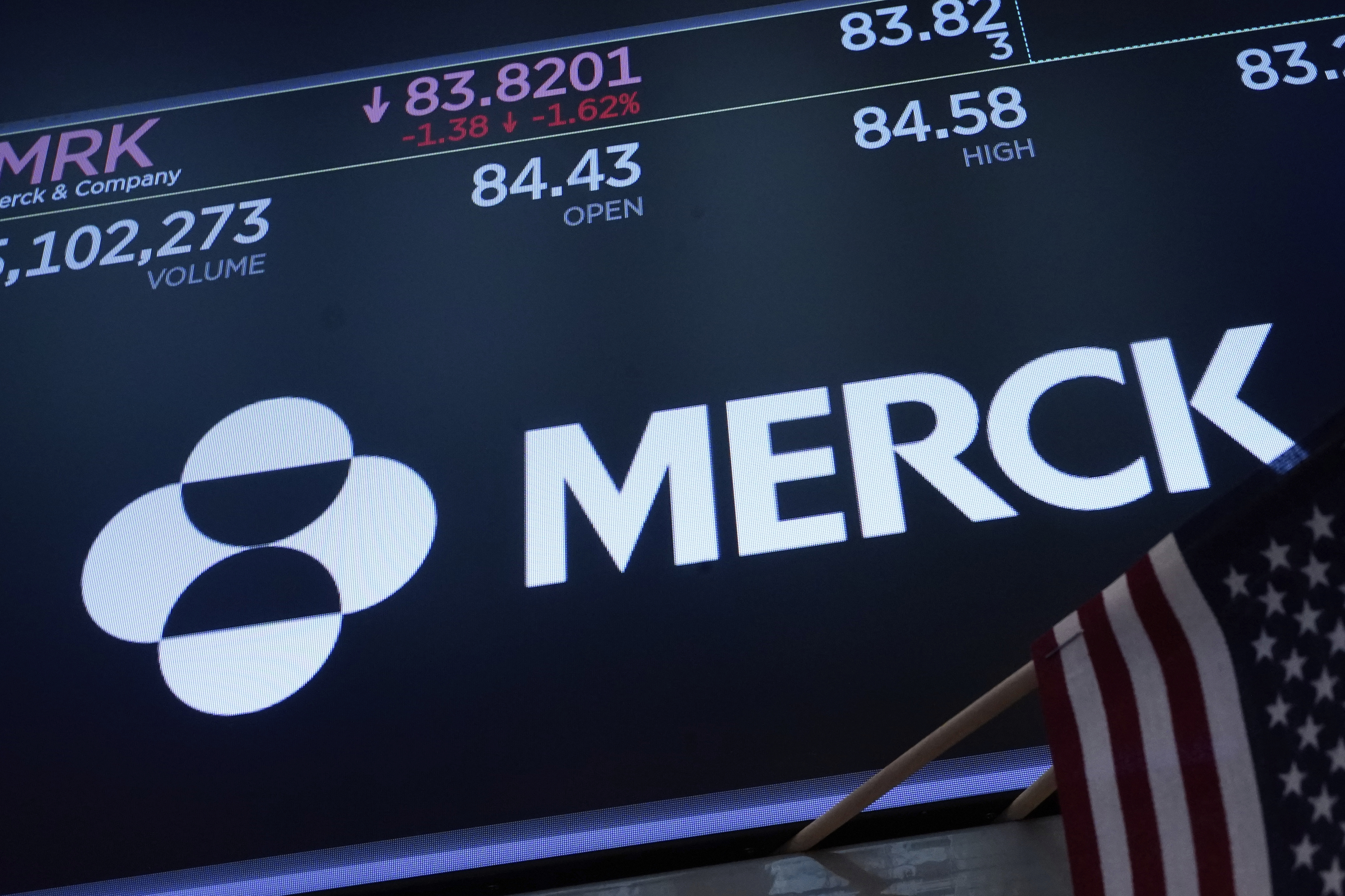 FILE - The logo for Merck appears above a trading post on the floor of the New York Stock Exchange, Thursday, May 1, 2025. (AP Photo/Richard Drew, File)
