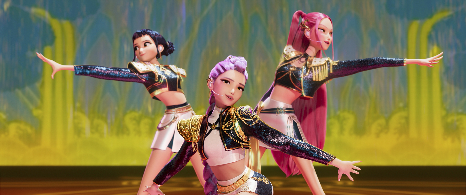 This image released by Netflix shows characters Zoey, from left, Rumi and Mira in a scene from "KPop Demon Hunters." (Netflix via AP)