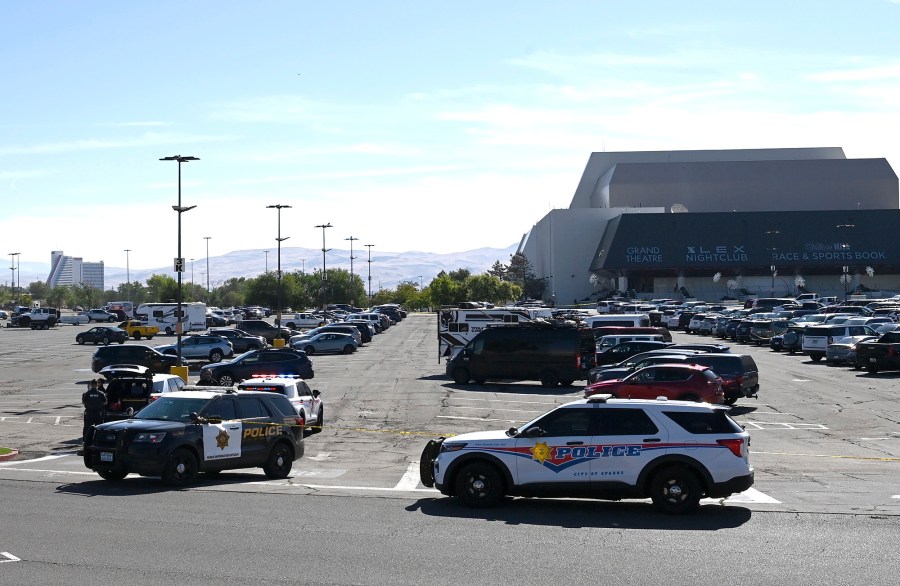 Police respond to a shooting outside the Grand Sierra Resort in Reno, Nev., Monday, July 28, 2025. (AP Photo/Andy Barron)