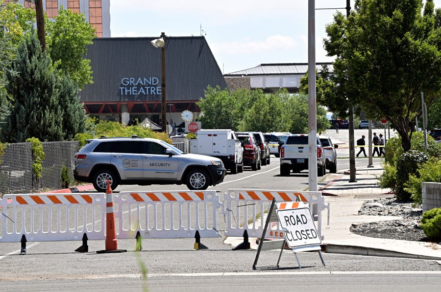 An entrance to the Grand Sierra Resort is closed off during the investigation of a shooting that occurred at the resort in Reno, Nev., Monday, July 28, 2025. (AP Photo/Andy Barron)