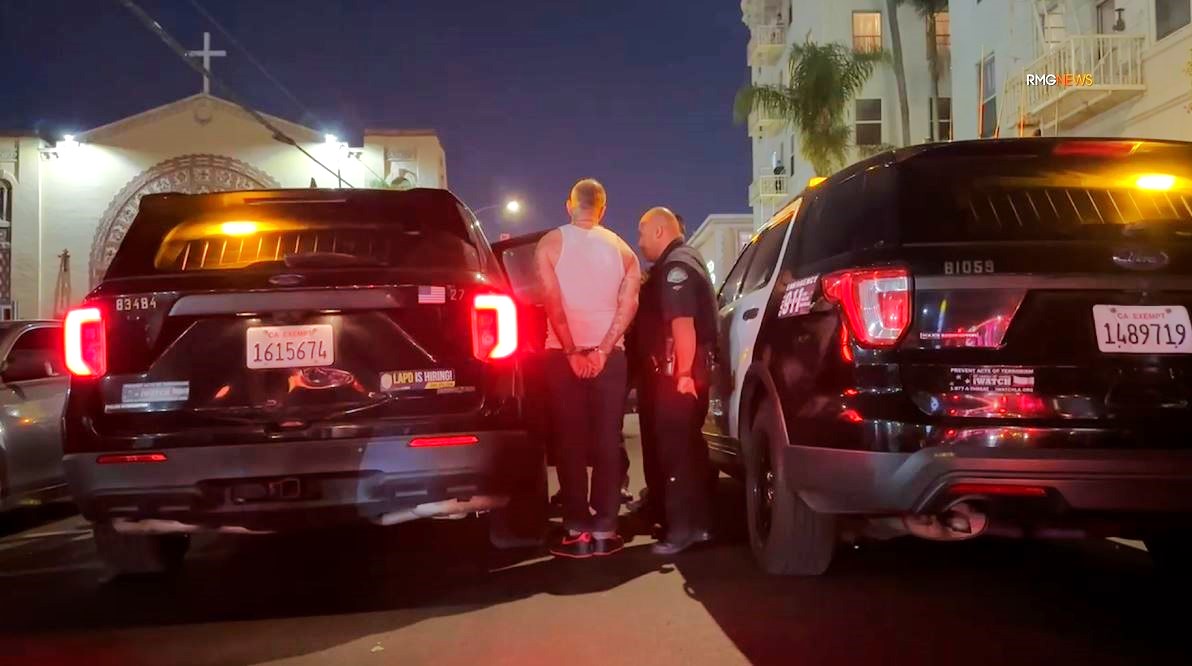Police were seen performing a breathalyzer test on the suspect before handcuffing him and placing him into a patrol vehicle after a deadly crash in L.A.’s Koreatown neighborhood on July 31, 2025. (RMG)