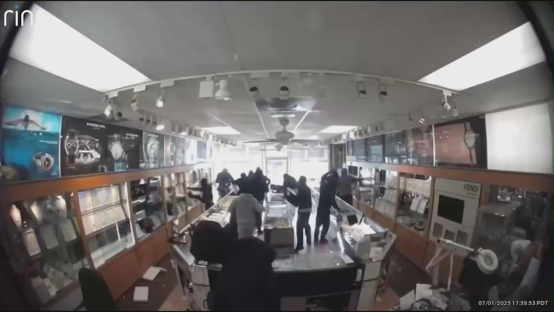 Dozens of suspects broke into two jewelry stores in Artesia on July 1, 2025, smashing displays and stealing an undetermined amount of valuables.