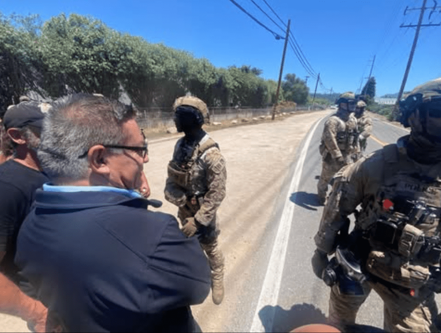 Congressman Salud Carbajal (D-Santa Barbara) is turned away by federal agents during an immigration enforcement operation in Carpinteria on July 10, 2025. (John Palminteri/KEYT)