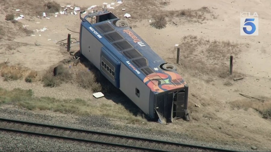 A Kern Transit bus overturned north of Lancaster on July 2, 2025. (KTLA)