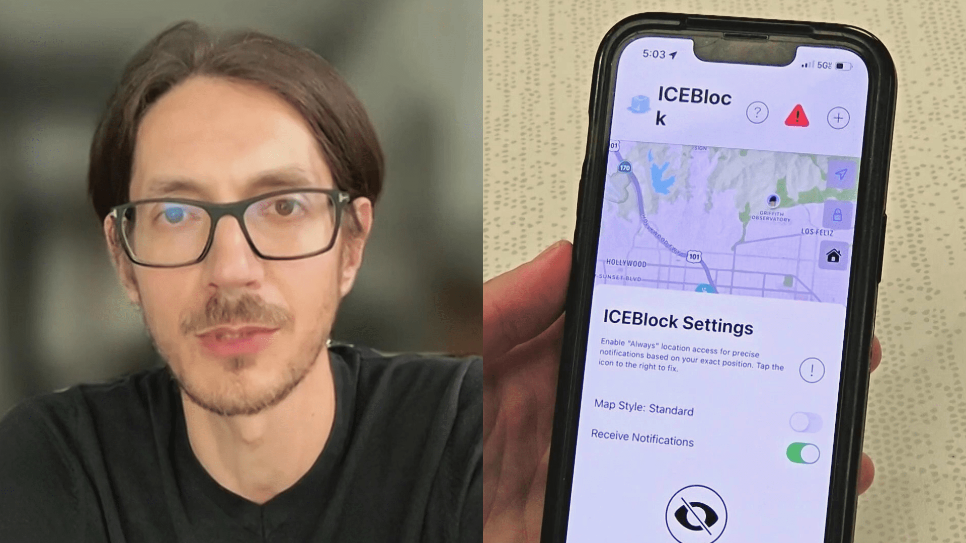 Joshua Aaron, developer of the ICEBlock app said the platform allows users to report sightings of ICE agents and immigration enforcement activity in their community. (KTLA)