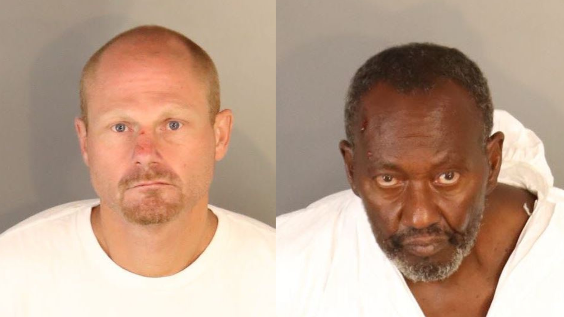 From left: Christopher James Buschbaum, 36, and Myron Daniels, 67, are seen in booking photos from the Riverside Police Department.