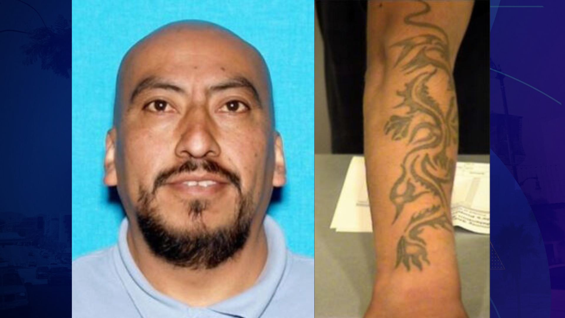 Miguel Angel Reyes Cano, 41, of Thousand Oaks, is seen in a photo from the Ventura County Sheriff’s Office. He has a distinct tattoo on his forearm.