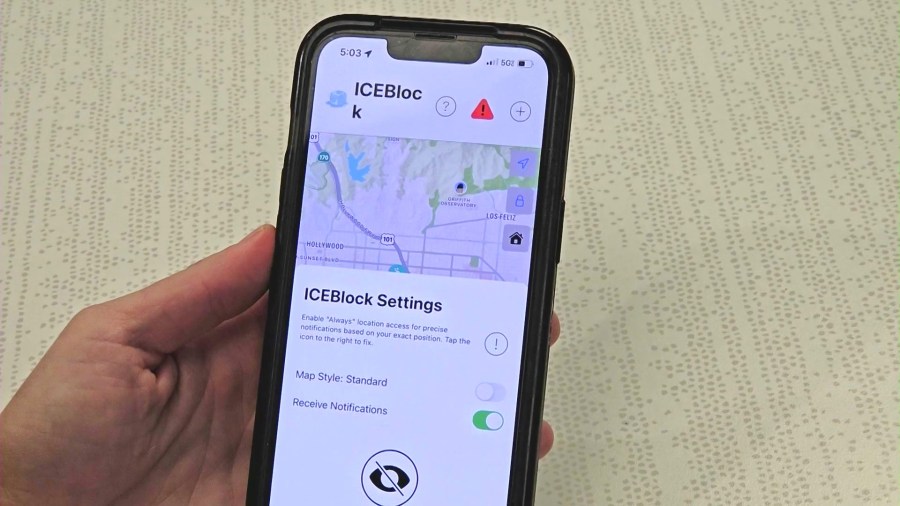 The ICEBlock app allows users to report sightings of ICE agents and immigration enforcement activity in their community. (KTLA)