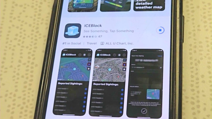 The ICEBlock app allows users to report sightings of ICE agents and immigration enforcement activity in their community. (KTLA)
