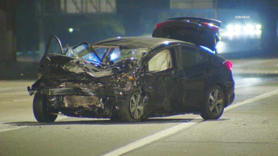 The suspect's Kia sedan was heavily damaged after the crash on July 20, 2025. (KNN)