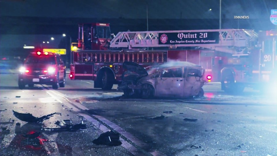 The victims' Nissan burst into flames, fatally trapping four people inside, after a suspected DUI driver crashed into them at high-speeds on thr 605 Freeway in Norwalk on July 20, 2025. (KNN)