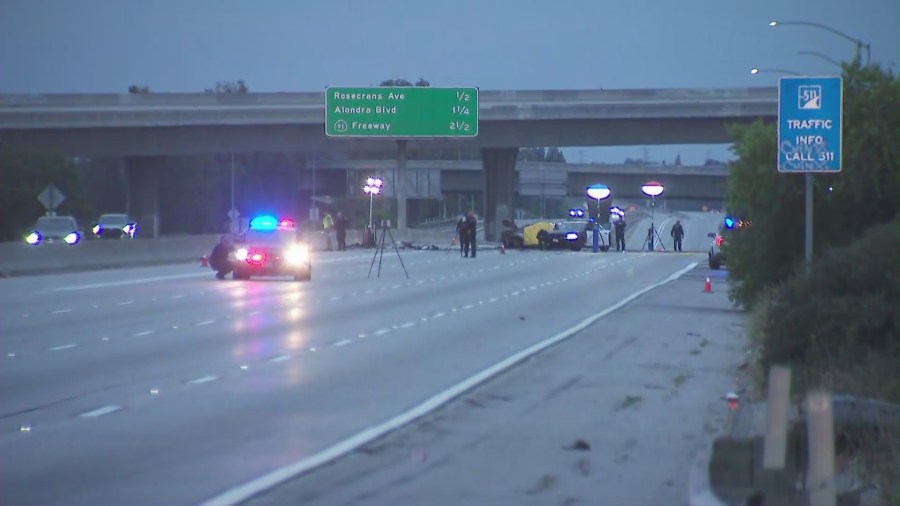 Four people were killed and two more injured in a fiery crash involving an impaired driver on the 605 Freeway in Norwalk on July 20, 2025. (KTLA)