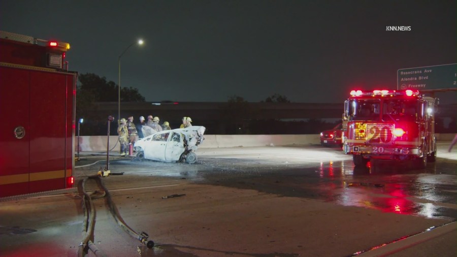 Four people were killed and two more injured in a fiery crash involving an impaired driver on the 605 Freeway in Norwalk on July 20, 2025. (KTLA)
