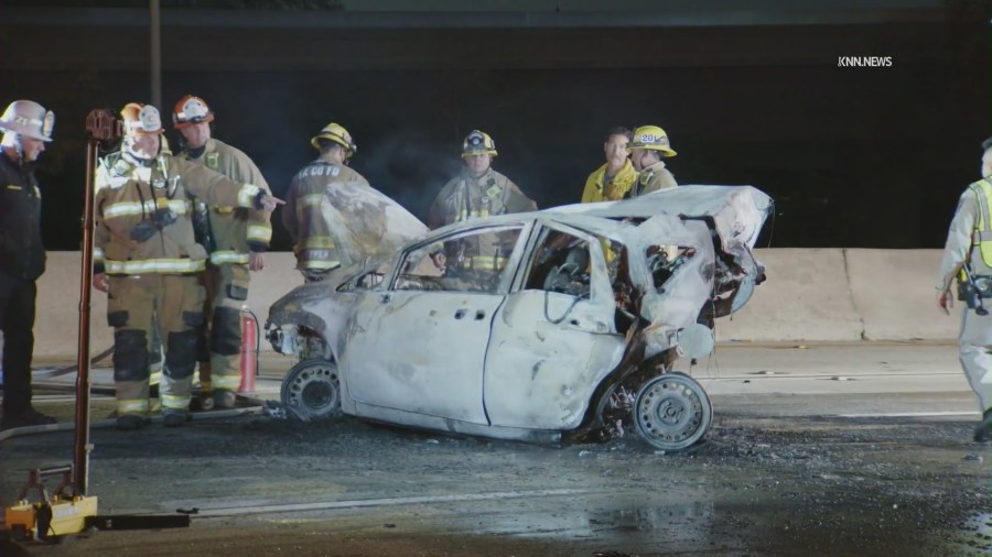 The victims' Nissan burst into flames, fatally trapping four people inside, after a suspected DUI driver crashed into them at high-speeds on thr 605 Freeway in Norwalk on July 20, 2025. (KNN)