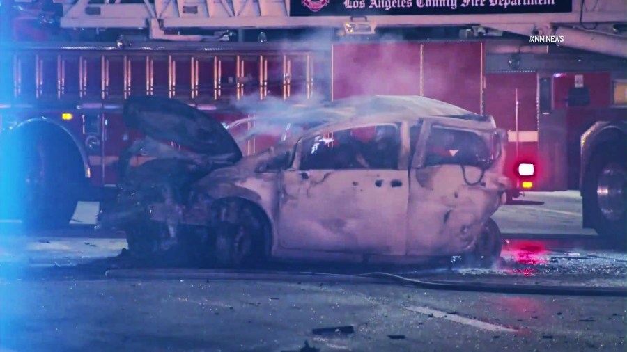 The victims' Nissan burst into flames, fatally trapping four people inside, after a suspected DUI driver crashed into them at high-speeds on thr 605 Freeway in Norwalk on July 20, 2025. (KNN)