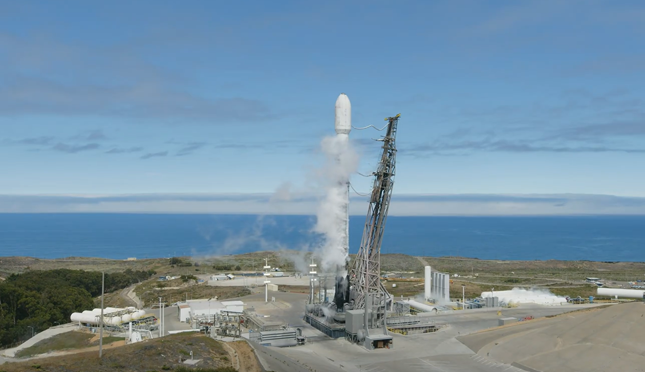 A SpaceX Falcon 9 rocket carrying NASA’s TRACERS (Tandem Reconnection and Cusp Electrodynamics Reconnaissance Satellites) mission stands vertical Tuesday, July 22, 2025, at Space Launch Complex 4 East at Vandenberg Space Force Base in California. (SpaceX)