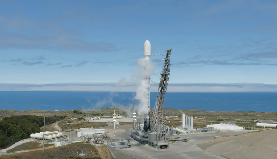 A SpaceX Falcon 9 rocket carrying NASA’s TRACERS (Tandem Reconnection and Cusp Electrodynamics Reconnaissance Satellites) mission stands vertical Tuesday, July 22, 2025, at Space Launch Complex 4 East at Vandenberg Space Force Base in California. (SpaceX)