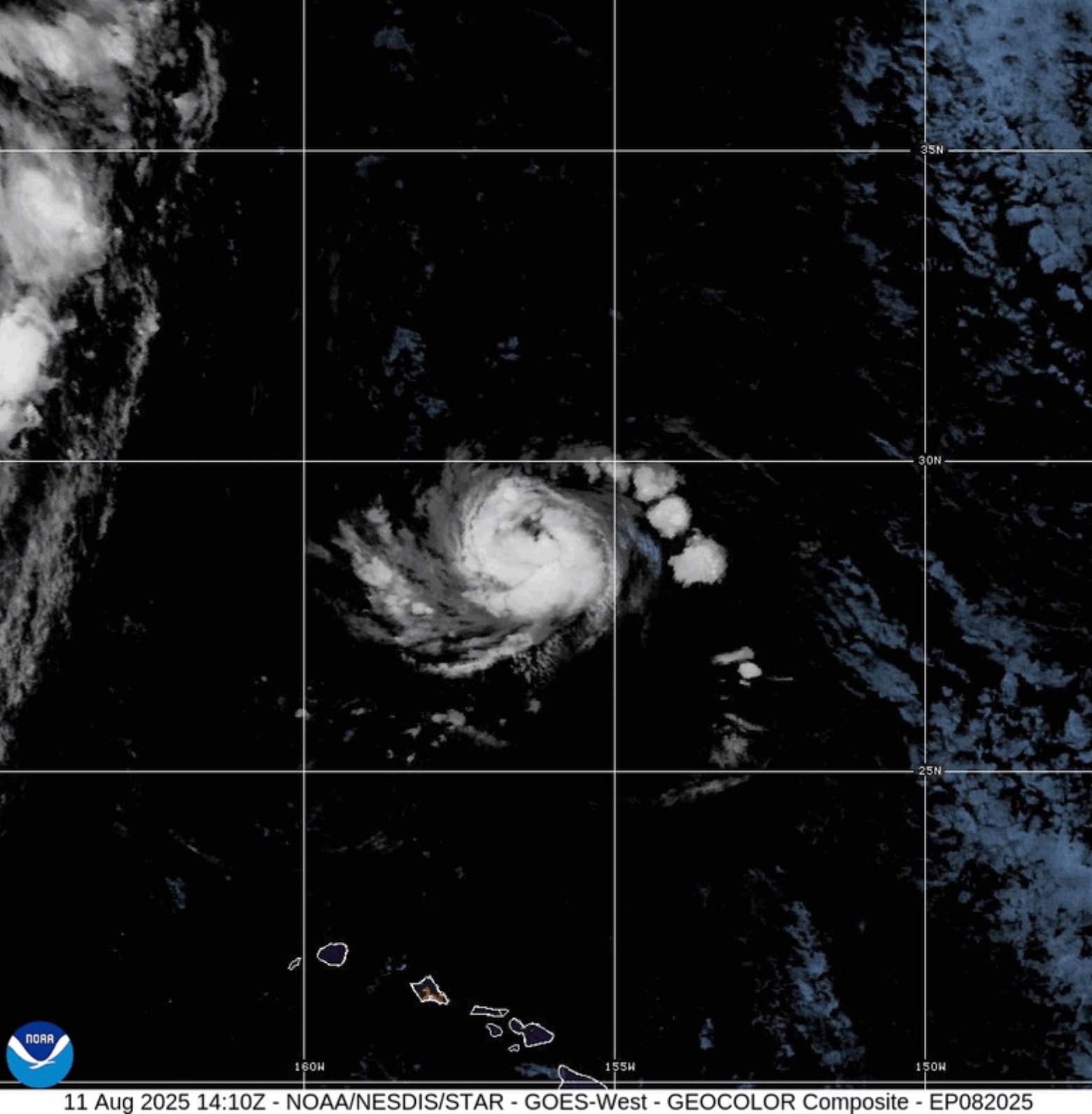 This image provided by the National Oceanic and Atmospheric Administration (NOAA) shows Hurricane Henriette on Monday, Aug. 11, 2025. (NOAA via AP)
