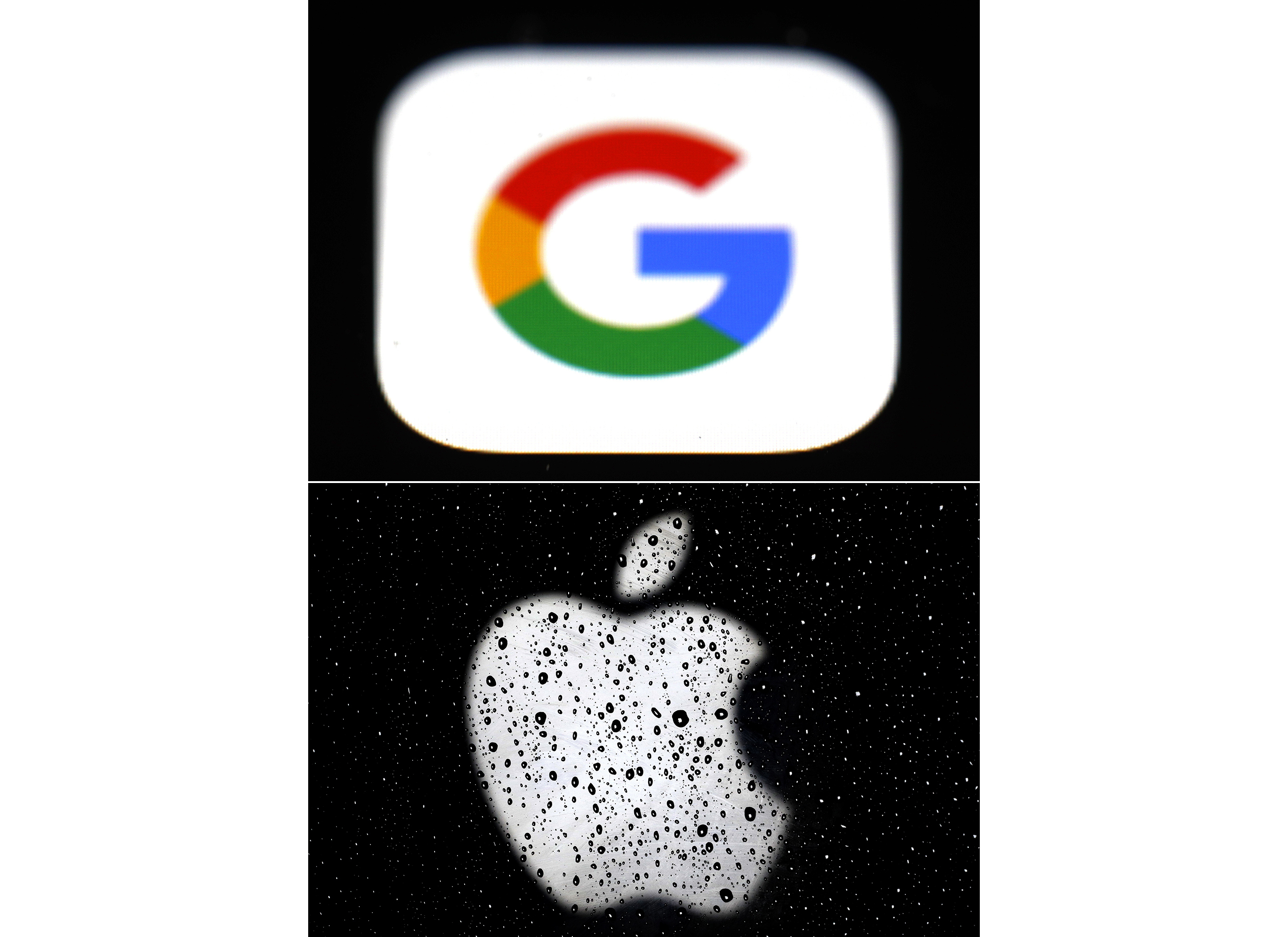 FILE - This combo of photos shows the logo for Google, top, and Apple, bottom, on Wednesday, May 20, 2020 in New York. (AP Photo/File)