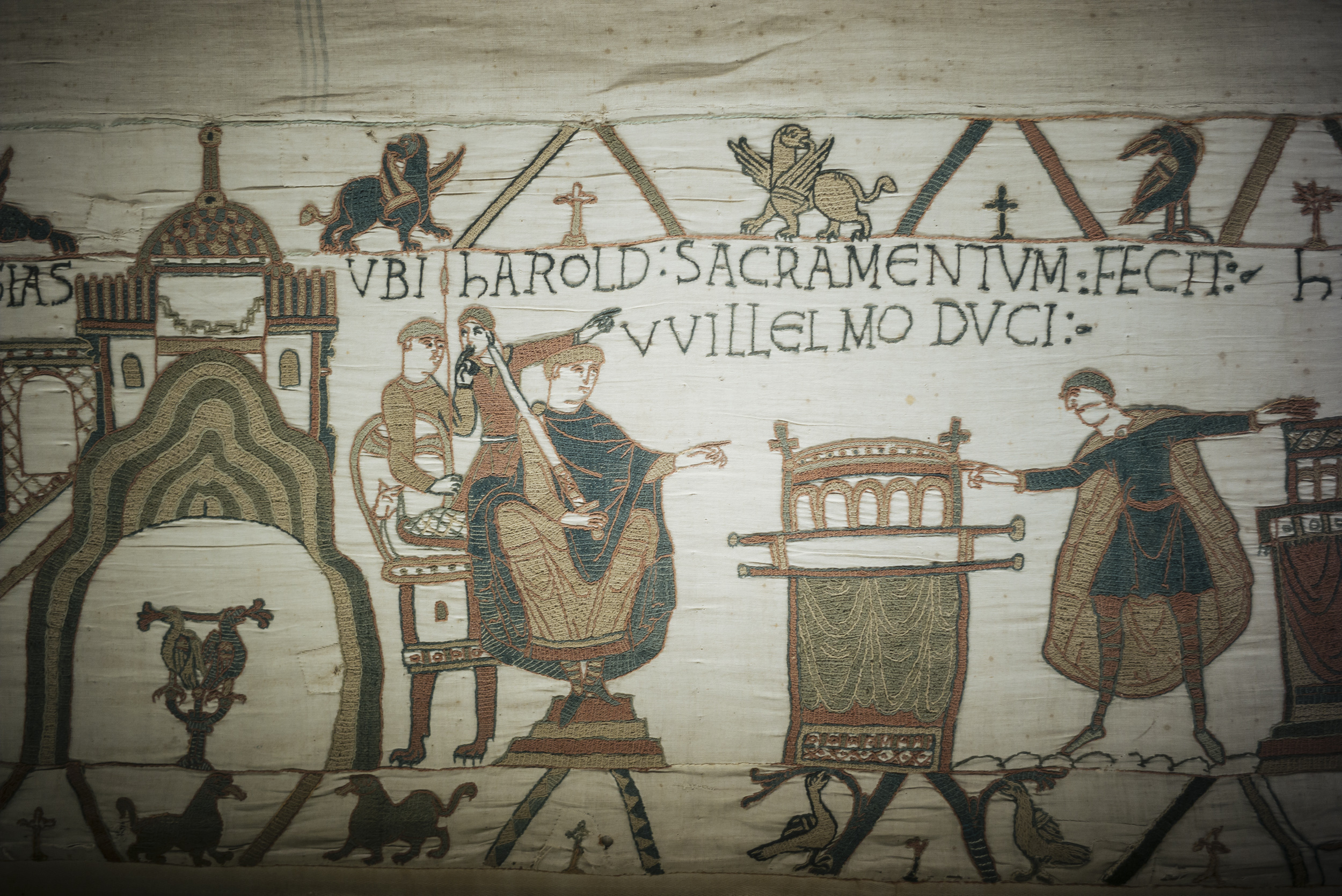 FILE - This photo taken Wednesday, Sept. 18, 2019, shows a detail of the 11th century Bayeux tapestry chronicling the Norman conquest of England, in Bayeux, Normandy, France. (AP Photo/Kamil Zihnioglu, File)