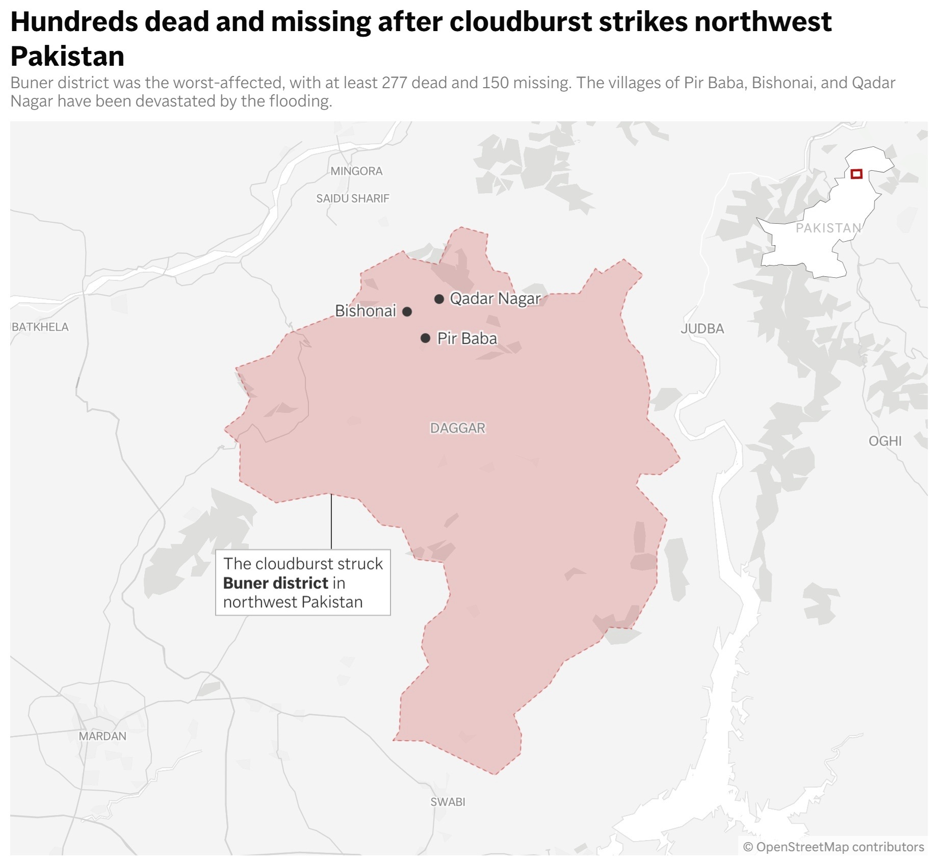 This map shows the Buner region and a number of villages particularly badly impacted by the recent flooding. (AP Digital Embed)