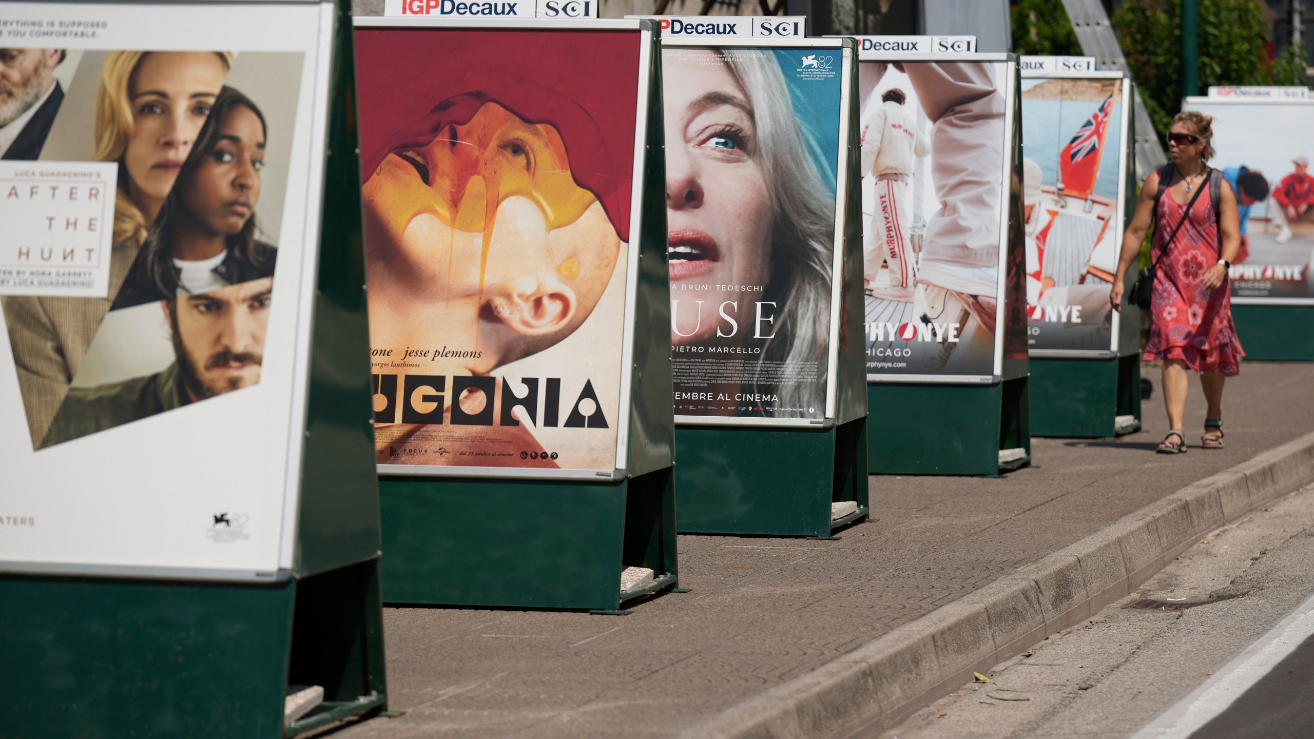 Film posters outside the Excelsior hotel ahead of the Venice Film Festival in Venice, Italy, on Tuesday, Aug. 26, 2025. (Photo by Alessandra Tarantino/Invision/AP)