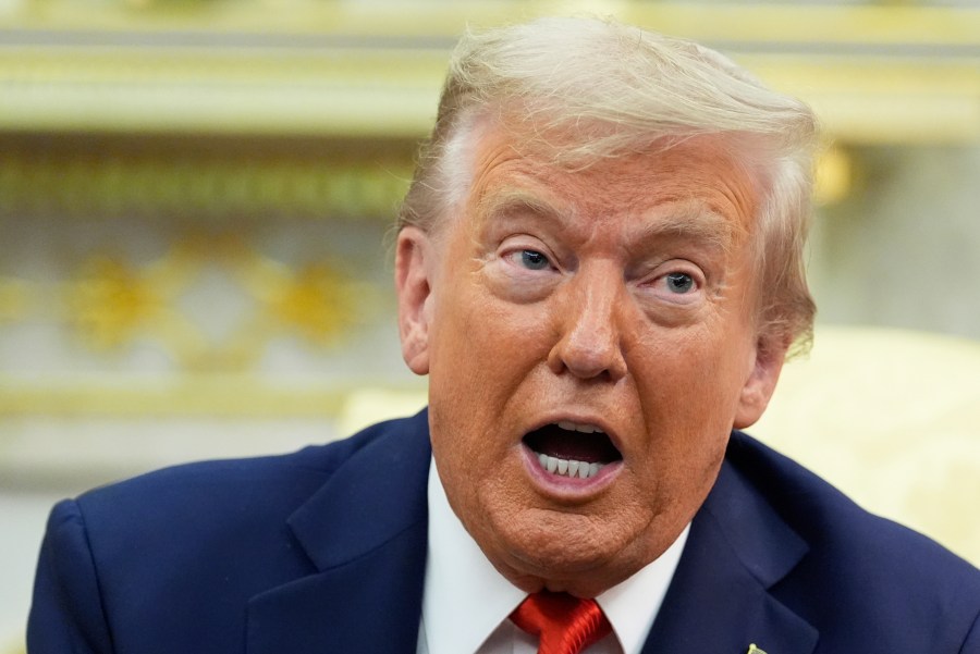 President Donald Trump speaks during a meeting with South Korean President Lee Jae Myung in the Oval Office of the White House, Monday, Aug. 25, 2025, in Washington. (AP Photo/Alex Brandon)