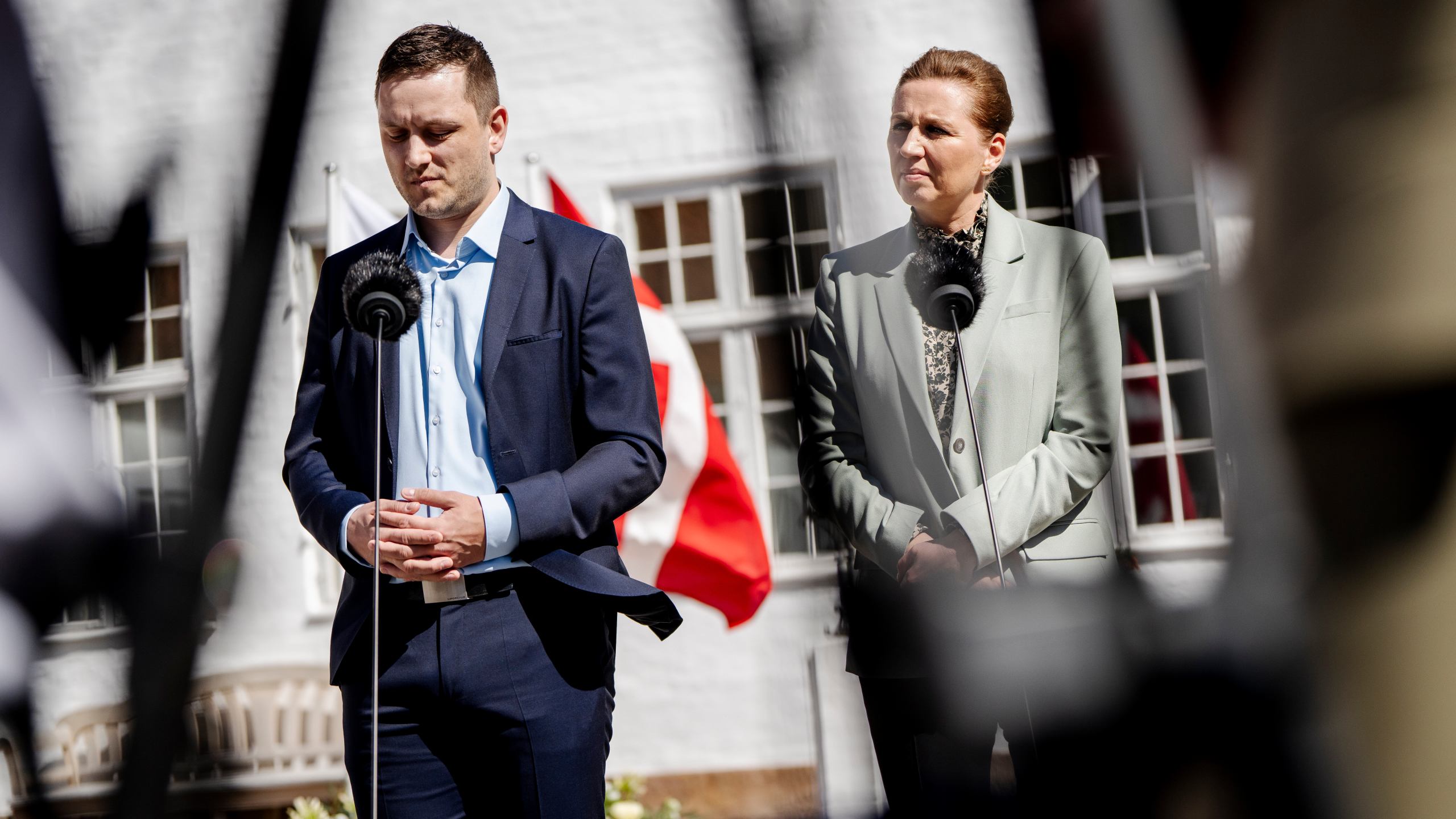FILE - Denmark's Prime Minister Mette Frederiksen, right, and Greenland's Prime Minister Jens-Frederik Nielsen, right, during a statement at Marienborg, Denmark, April 27, 2025. (Mads Claus Rasmussen/Ritzau Scanpix via AP, file)