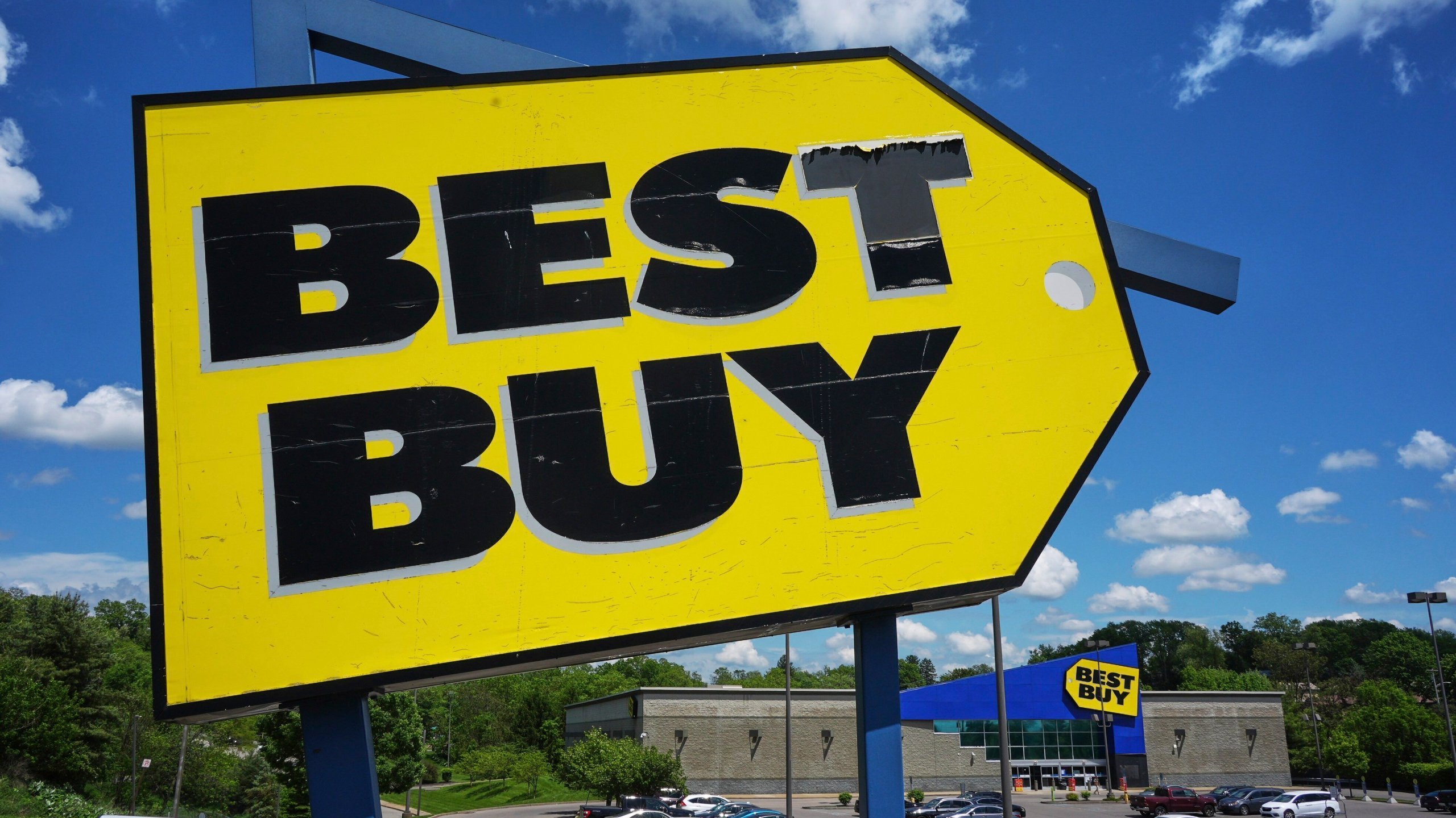 FILE - This photo shows a sign outside a Best Buy store in Bethel Park, Pa., May 15, 2025. (AP Photo/Gene J. Puskar, File)