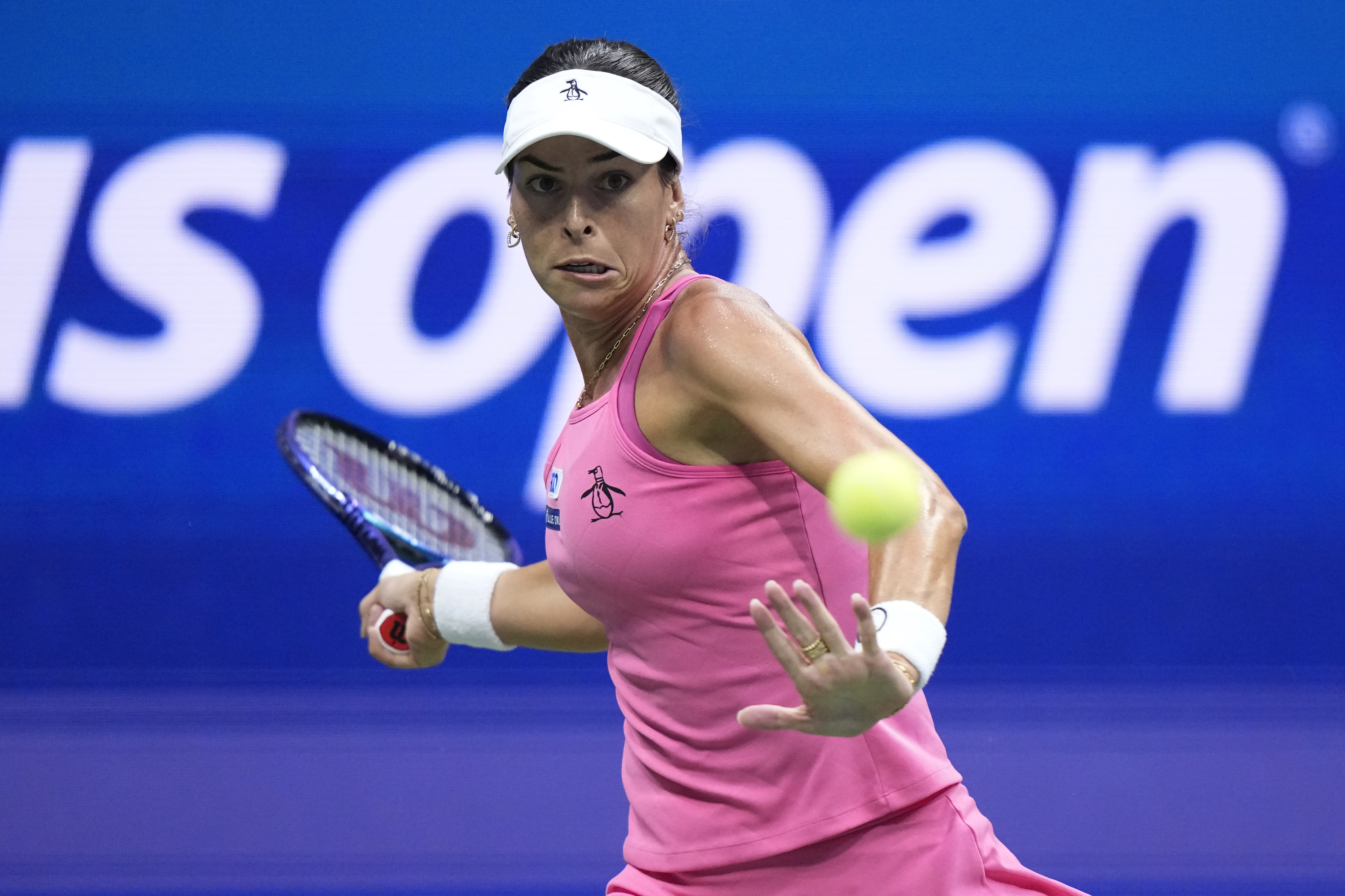 Ajla Tomljanovic, of Australia, returns a shot to Coco Gauff, of the United States, during the first round of the U.S. Open tennis championships, Tuesday, Aug. 26, 2025, in New York. (AP Photo/Frank Franklin II)