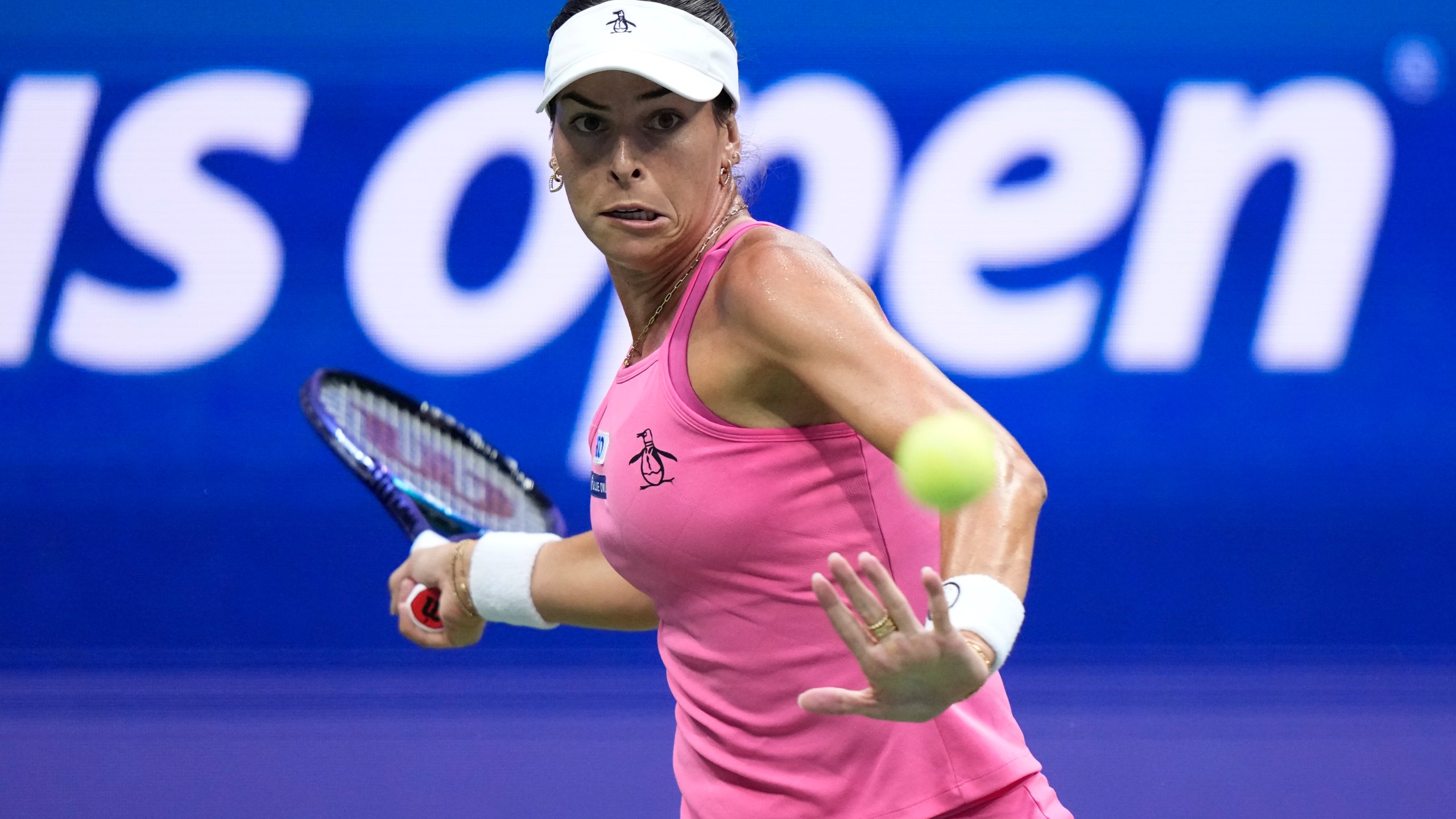 Ajla Tomljanovic, of Australia, returns a shot to Coco Gauff, of the United States, during the first round of the U.S. Open tennis championships, Tuesday, Aug. 26, 2025, in New York. (AP Photo/Frank Franklin II)