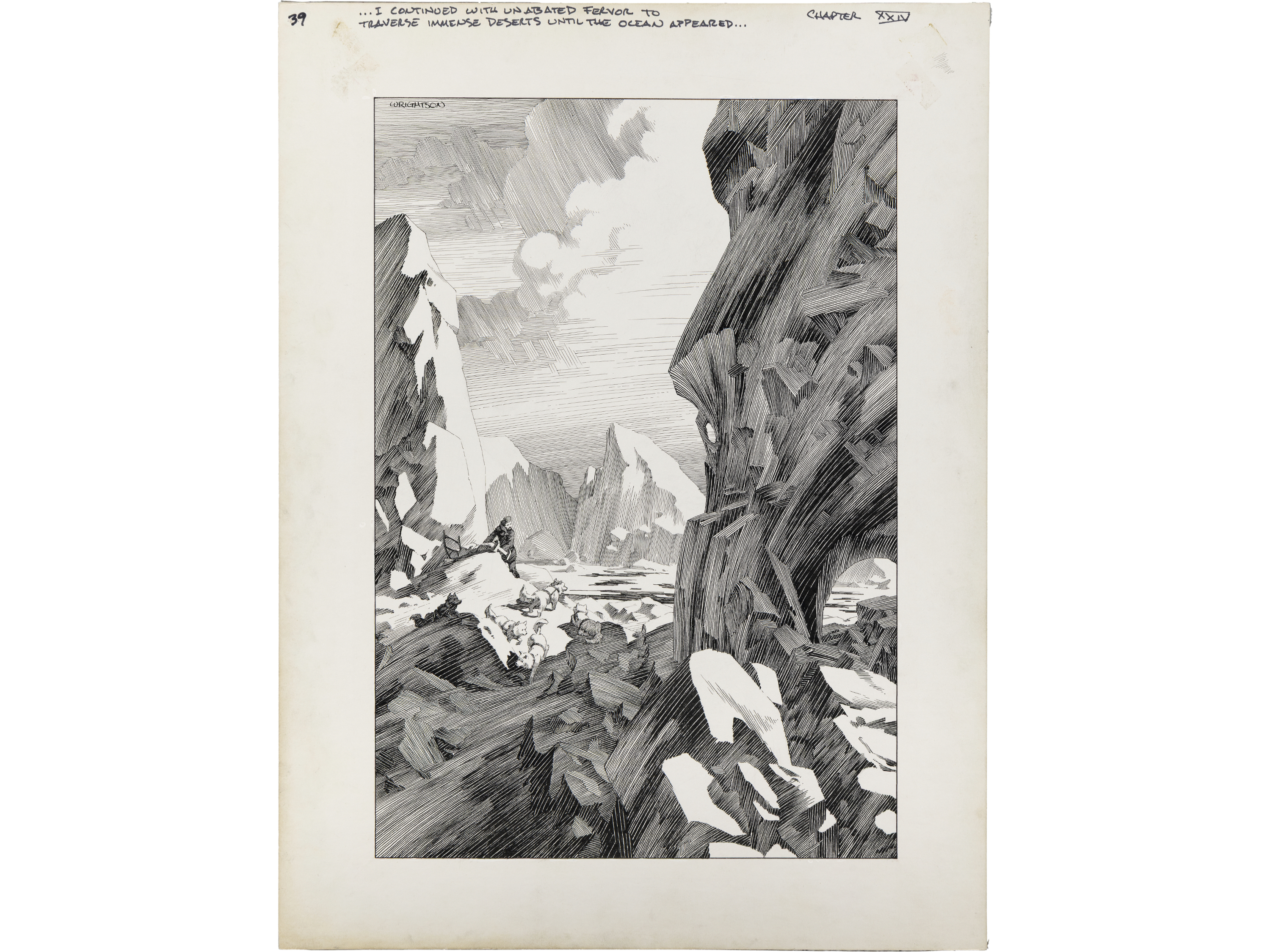 This image released by Heritage Auctions shows original art by Bernie Wrightson from Mary Wollstonecraft Shelley’s Novel "Frankenstein," an item up for auction from the collection of filmmaker Guillermo del Toro. (Heritage Auctions via AP)