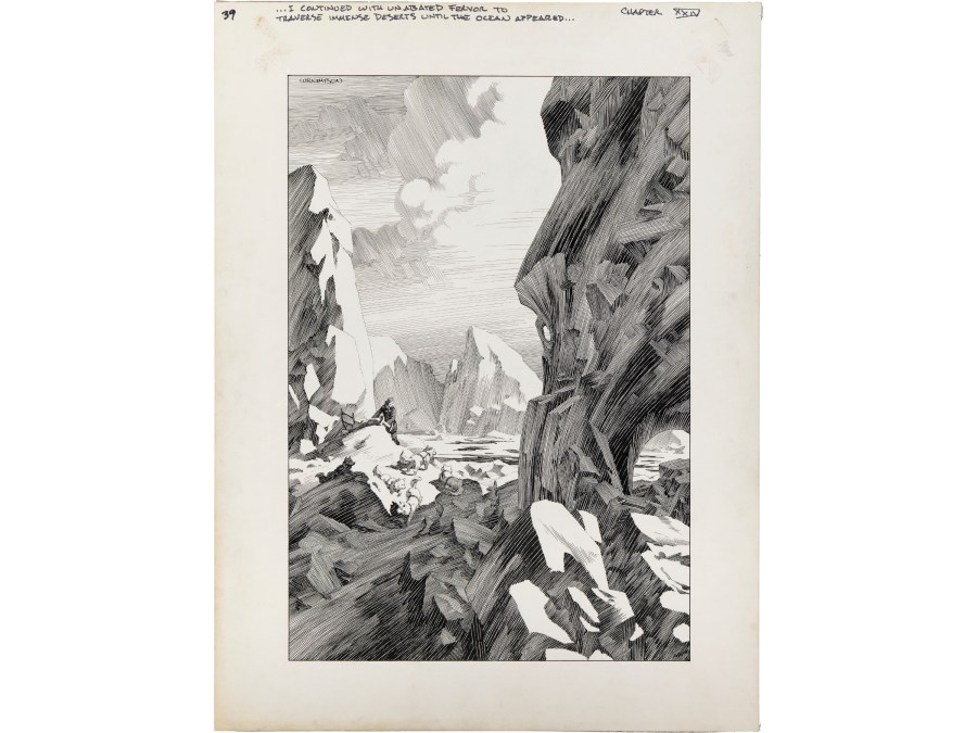 This image released by Heritage Auctions shows original art by Bernie Wrightson from Mary Wollstonecraft Shelley’s Novel "Frankenstein," an item up for auction from the collection of filmmaker Guillermo del Toro. (Heritage Auctions via AP)