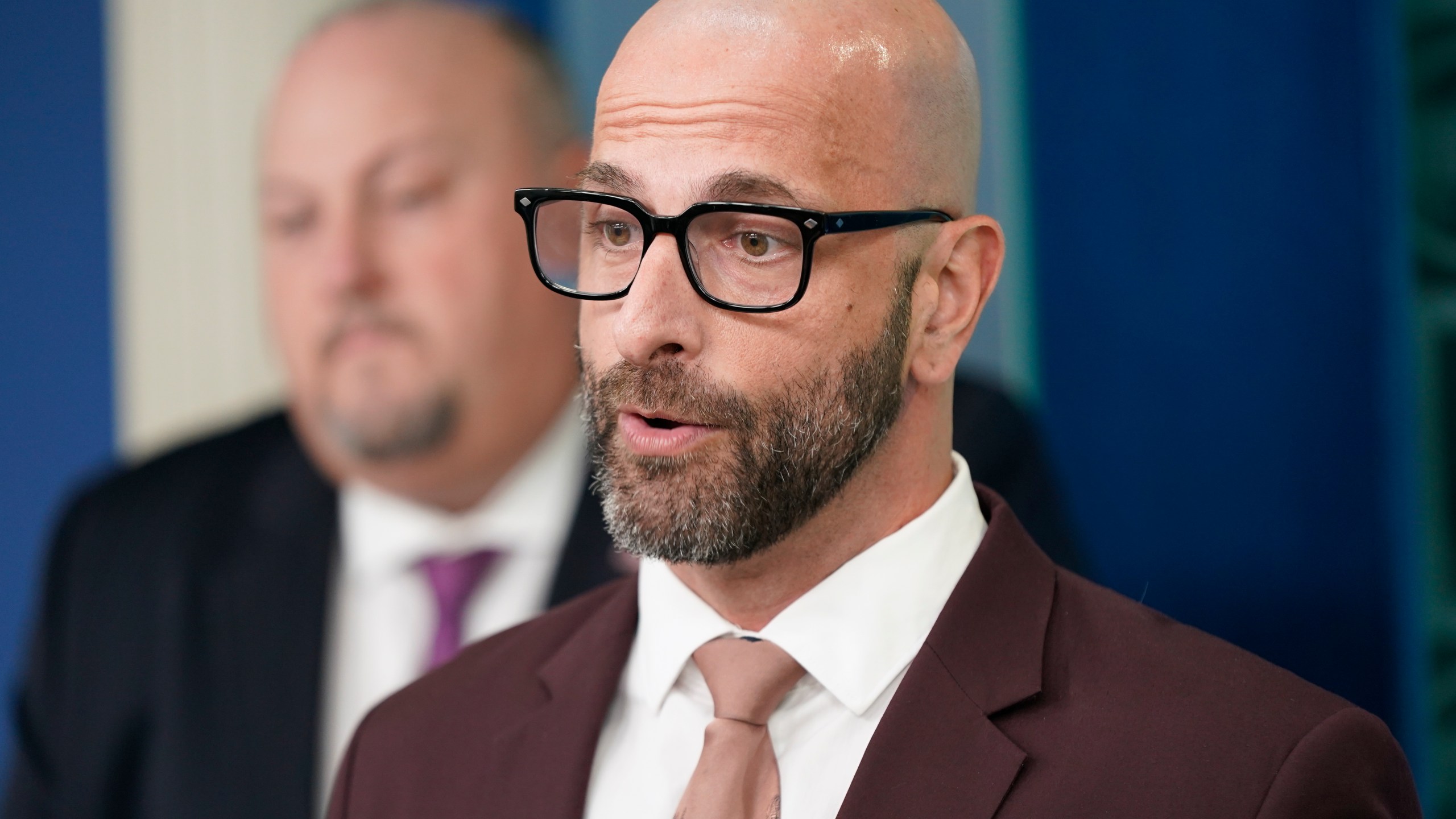 FILE - Dr. Demetre Daskalakis, White House Monkeypox response deputy coordinator, speaks alongside Bob Fenton, White House Monkeypox Response Coordinator, during a press briefing at the White House, Sept. 7, 2022, in Washington. (AP Photo/Patrick Semansky, File)
