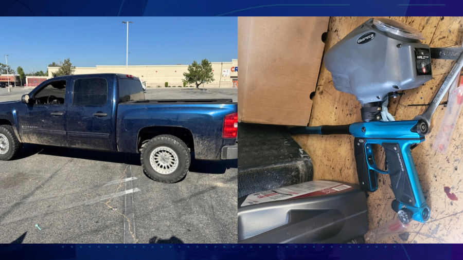 The suspects' blue Chevrolet Silverado truck reportedly used in the crimes, along with a paintball gun that was found while searching their residences. (Fontana Police Department)