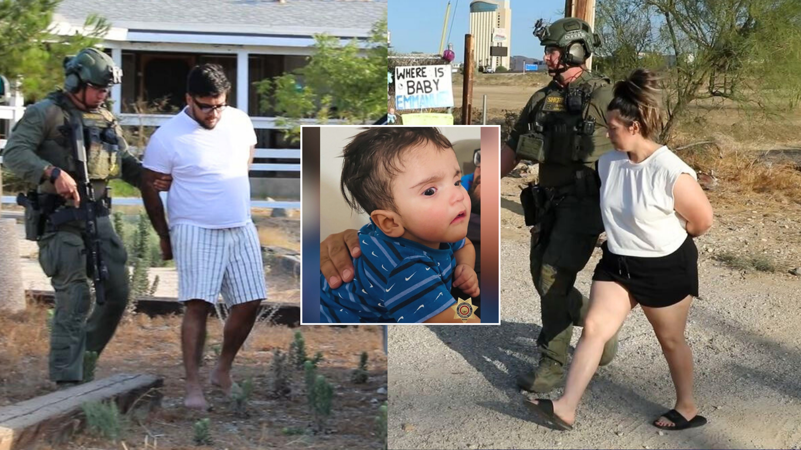 Jake and Rebecca Haro were arrested on suspicion of murder in connection with the disappearance of their 7-month-old son, Emmanuel Haro. Authorities surrdounded their Cabazon home on Aug. 22, 2025. (San Bernardino County Sheriff's Department)