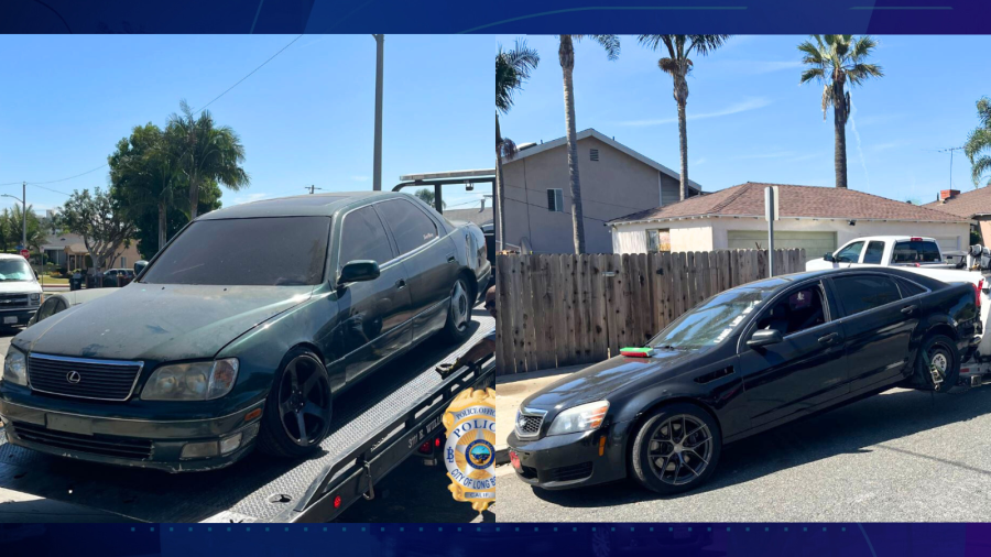 Seven vehicles were seized and two suspects were arrested for alleged commercial burglary and illegal street racing takeovers in Long Beach. (Long Beach Police Department)