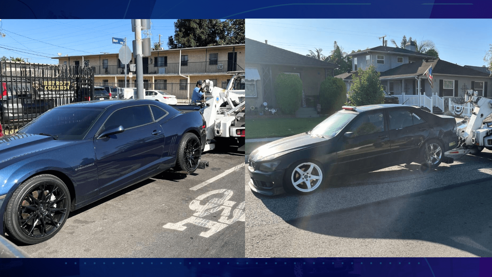 Seven vehicles were seized and two suspects were arrested for alleged commercial burglary and illegal street racing takeovers in Long Beach. (Long Beach Police Department)