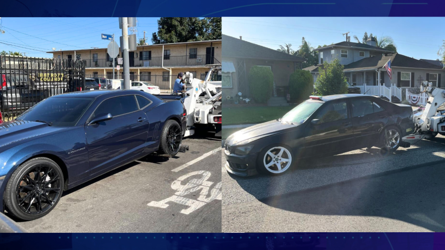 Seven vehicles were seized and two suspects were arrested for alleged commercial burglary and illegal street racing takeovers in Long Beach. (Long Beach Police Department)