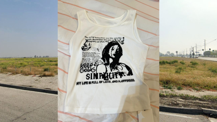 A tank top shows a replica graphic that was found on the woman’s shirt. Detectives said she also used a catheter, which was discovered with her remains. (Redlands Police Department)