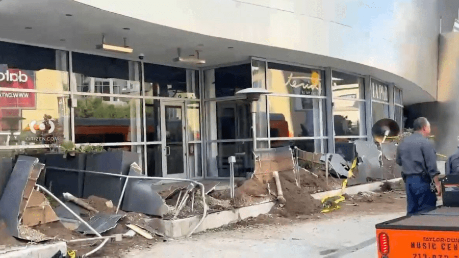 The multi-vehicle crash damaged a restaurant patio outside Walt Disney Concert Hall in downtown Los Angeles on Aug. 20, 2025. (Citizen)