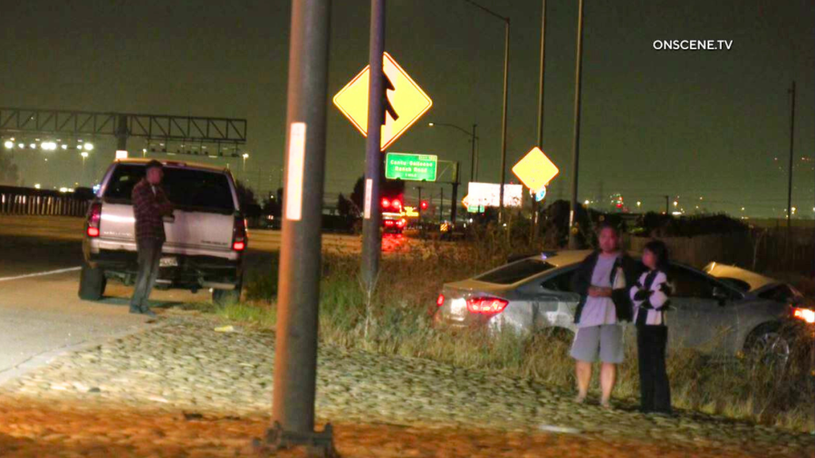 One person was killed in a four vehicle crash that shut down the 15 Freeway in Jurupa Valley in Riverside County on Aug. 30, 2025. (OnScene.TV)
