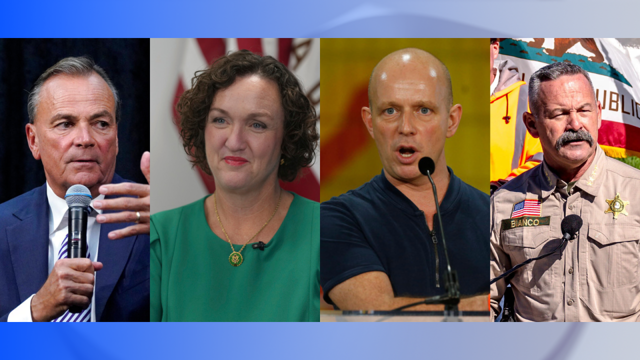 From left: Real estate developer Rick Caruso, former Rep. Katie Porter, former Fox News contributor Steve Hilton, and Riverside County Sheriff Chad Bianco. (Composite/AP Photos)