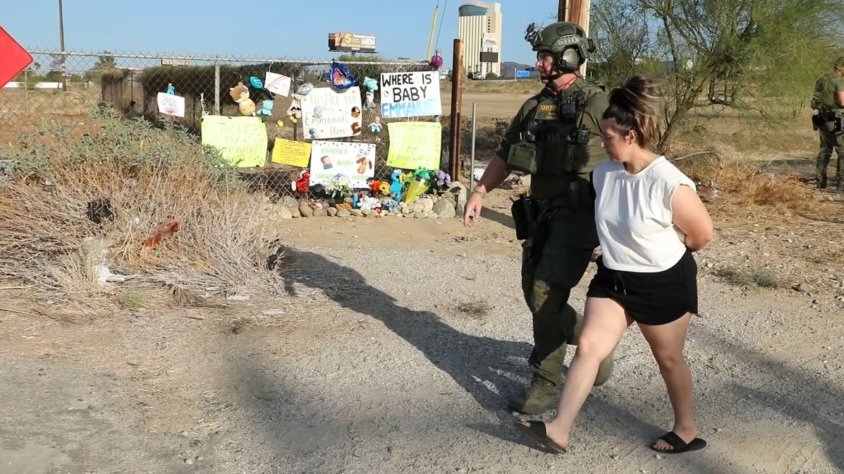 Rebecca Haro was arrested on suspicion of murder in connection with the disappearance of her 7-month-old son, Emmanuel Haro. Authorities surrdounded her Cabazon home on Aug. 22, 2025. (San Bernardino County Sheriff's Department)